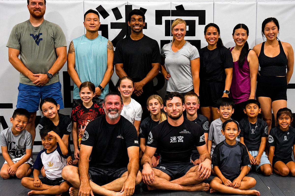 One strength and conditioning session at Labyrinth BJJ in Fulshear, Texas — adults and children from about five years old up, training together in the same class